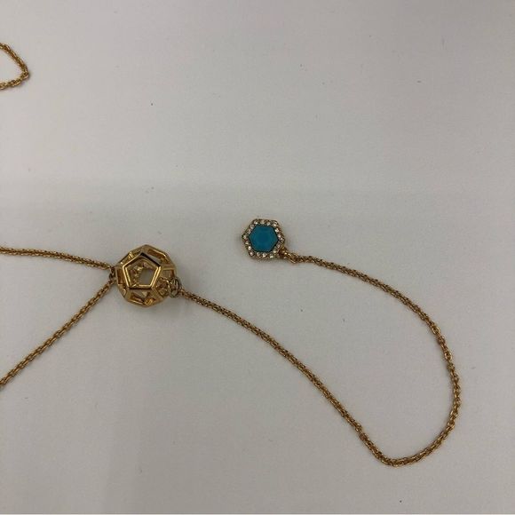 Rebecca Minkoff Open Sphere Gold Y Necklace Lariat Turquoise Pendant Crystal - Picture 7 of 10